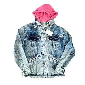 Samantha Sipos Zinna Denim Trucker Jean Jacket Knit Hood. Blue XS #903 NWT